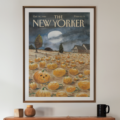 The New Yorker Magazine Cover Print October 30 1989 Issue | Retro Fall Halloween Pumpkin Wall Art Poster for Vintage Farmhouse Bedroom Decor