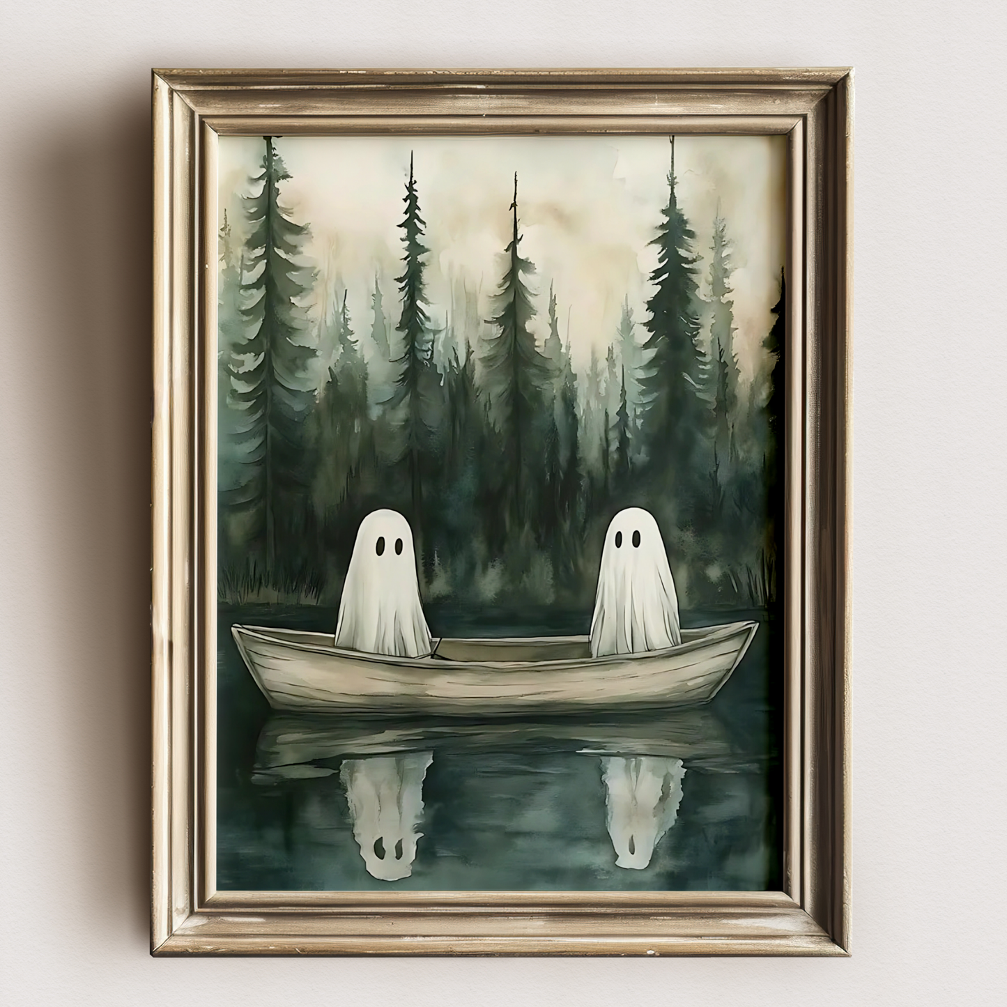 Vintage Cute Ghosts Digital Print | Spooky Halloween Fall Painting | Moody Autumn Wall Art | Whimsical Lake Landscape | Printable Wall Decor