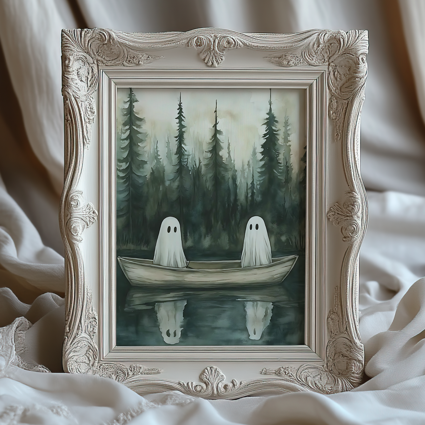 Vintage Cute Ghosts Digital Print | Spooky Halloween Fall Painting | Moody Autumn Wall Art | Whimsical Lake Landscape | Printable Wall Decor