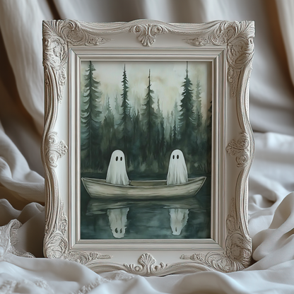 Vintage Cute Ghosts Digital Print | Spooky Halloween Fall Painting | Moody Autumn Wall Art | Whimsical Lake Landscape | Printable Wall Decor