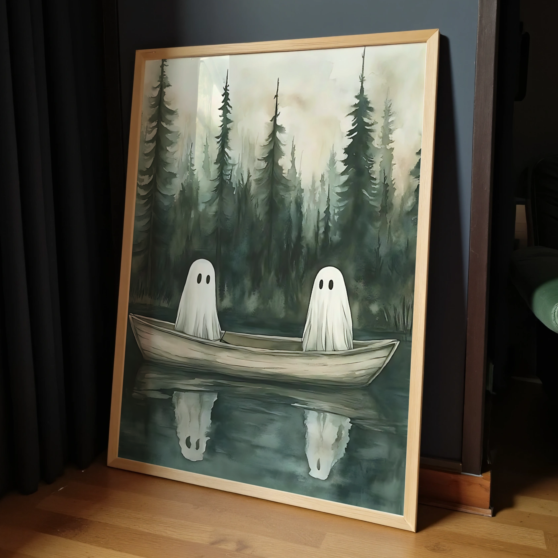 Vintage Cute Ghosts Digital Print | Spooky Halloween Fall Painting | Moody Autumn Wall Art | Whimsical Lake Landscape | Printable Wall Decor