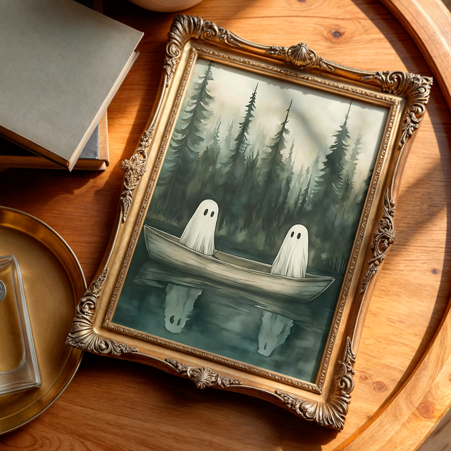 Vintage Cute Ghosts Digital Print | Spooky Halloween Fall Painting | Moody Autumn Wall Art | Whimsical Lake Landscape | Printable Wall Decor