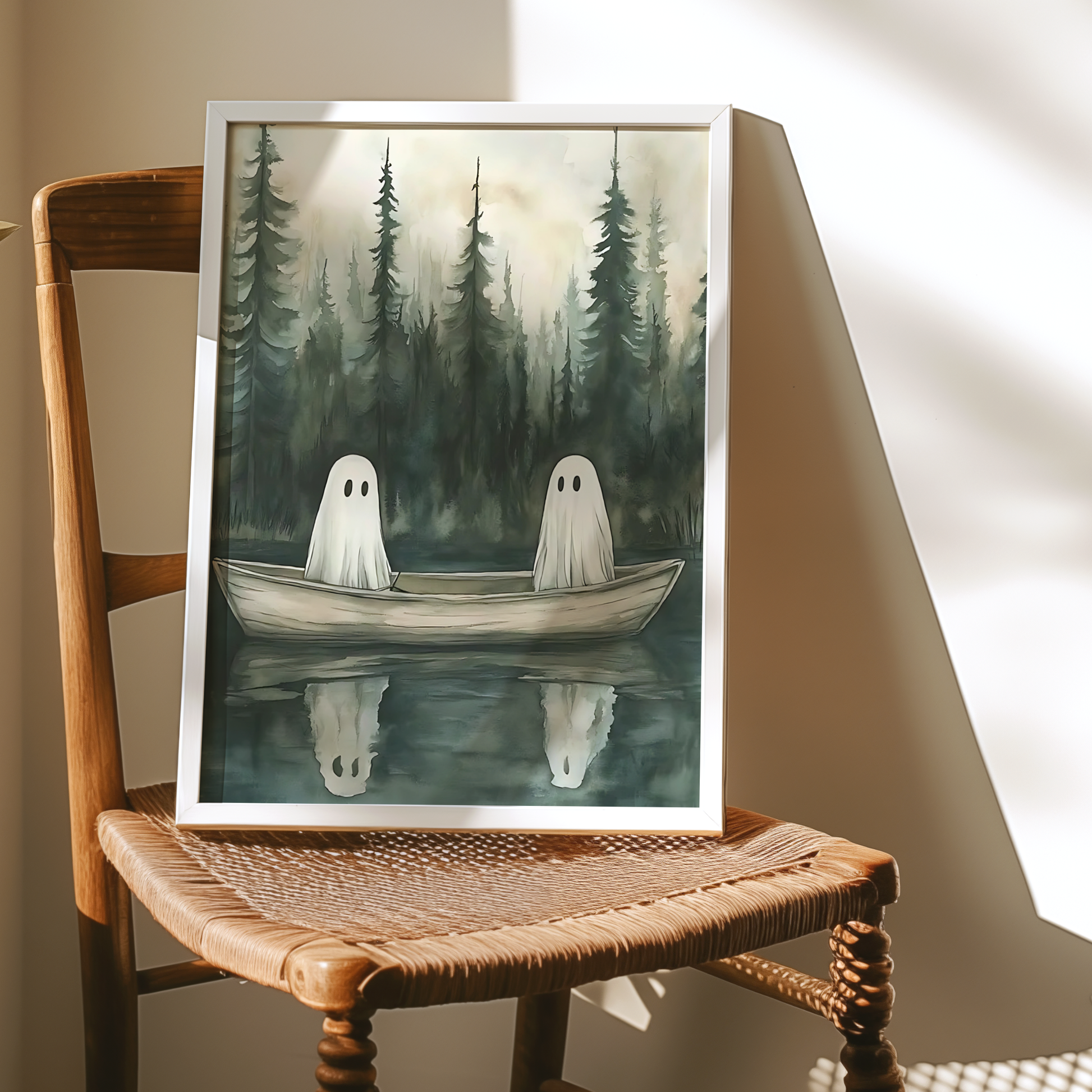 Vintage Cute Ghosts Digital Print | Spooky Halloween Fall Painting | Moody Autumn Wall Art | Whimsical Lake Landscape | Printable Wall Decor