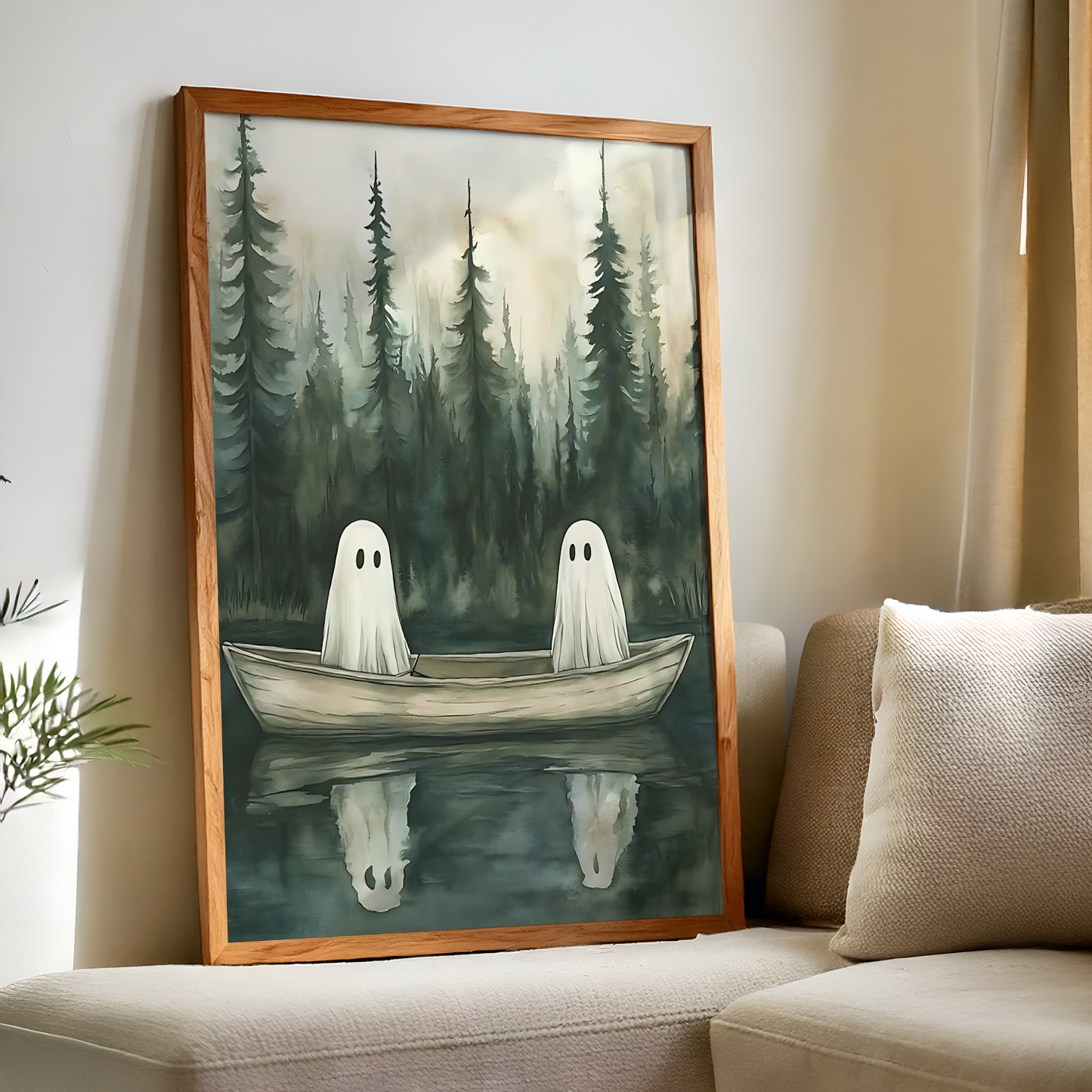 Vintage Cute Ghosts Digital Print | Spooky Halloween Fall Painting | Moody Autumn Wall Art | Whimsical Lake Landscape | Printable Wall Decor