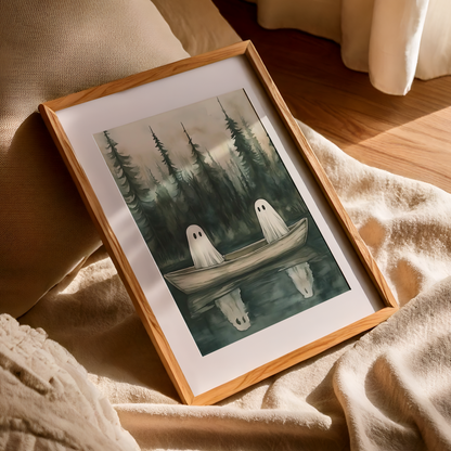 Vintage Cute Ghosts Digital Print | Spooky Halloween Fall Painting | Moody Autumn Wall Art | Whimsical Lake Landscape | Printable Wall Decor