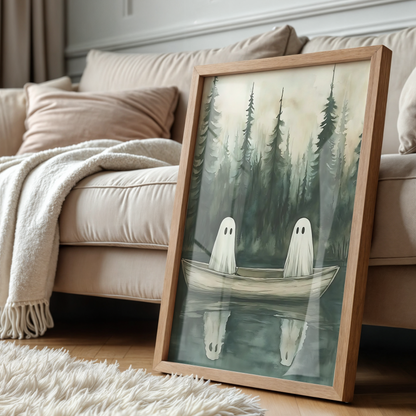 Vintage Cute Ghosts Digital Print | Spooky Halloween Fall Painting | Moody Autumn Wall Art | Whimsical Lake Landscape | Printable Wall Decor