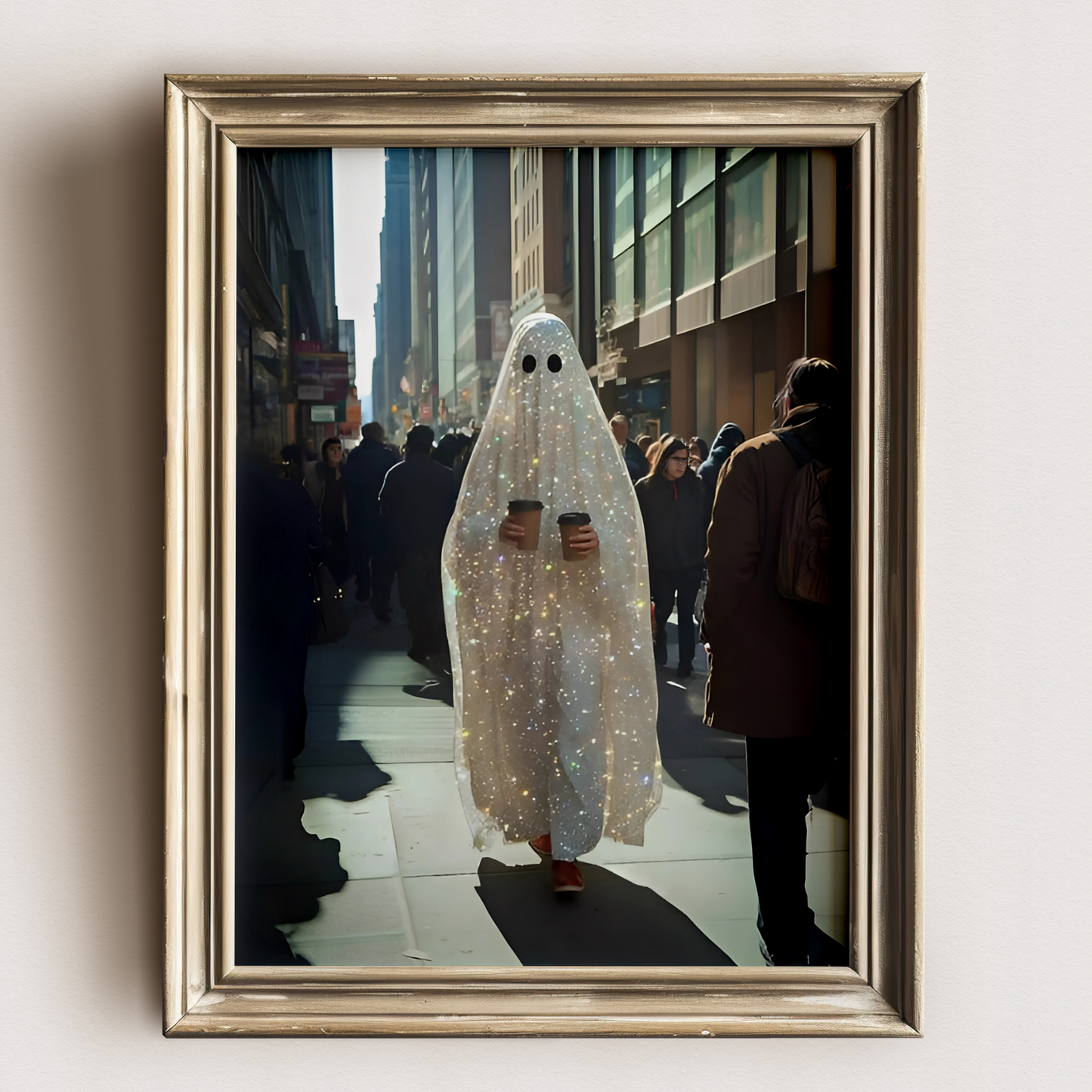 Vintage Glitter Ghost and Coffee Digital Print |  Spooky Halloween Fall Printable Photography Poster | Retro Wall Art for Grunge Room Decor