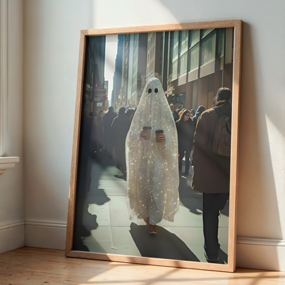 Vintage Glitter Ghost and Coffee Digital Print |  Spooky Halloween Fall Printable Photography Poster | Retro Wall Art for Grunge Room Decor