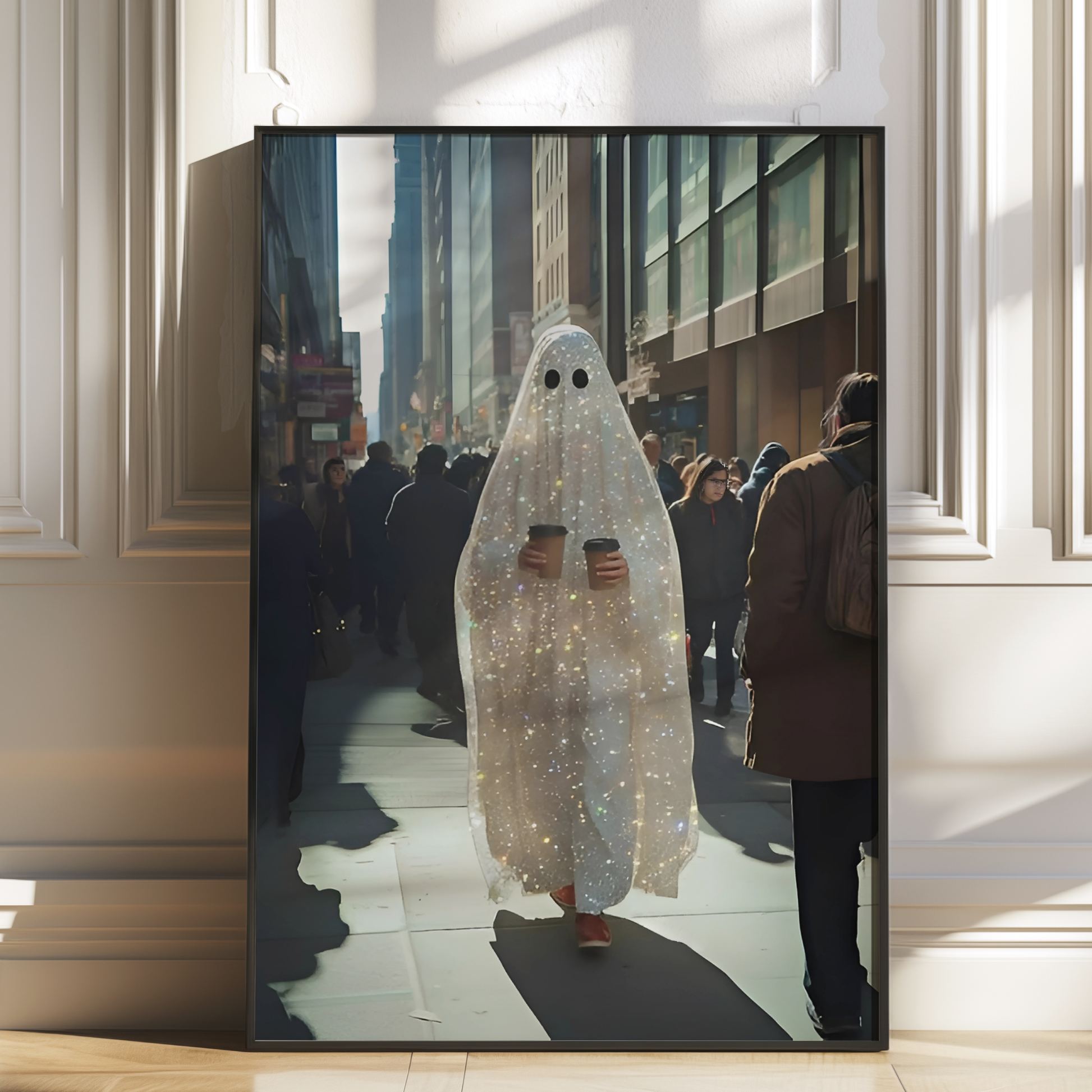 Vintage Glitter Ghost and Coffee Digital Print |  Spooky Halloween Fall Printable Photography Poster | Retro Wall Art for Grunge Room Decor