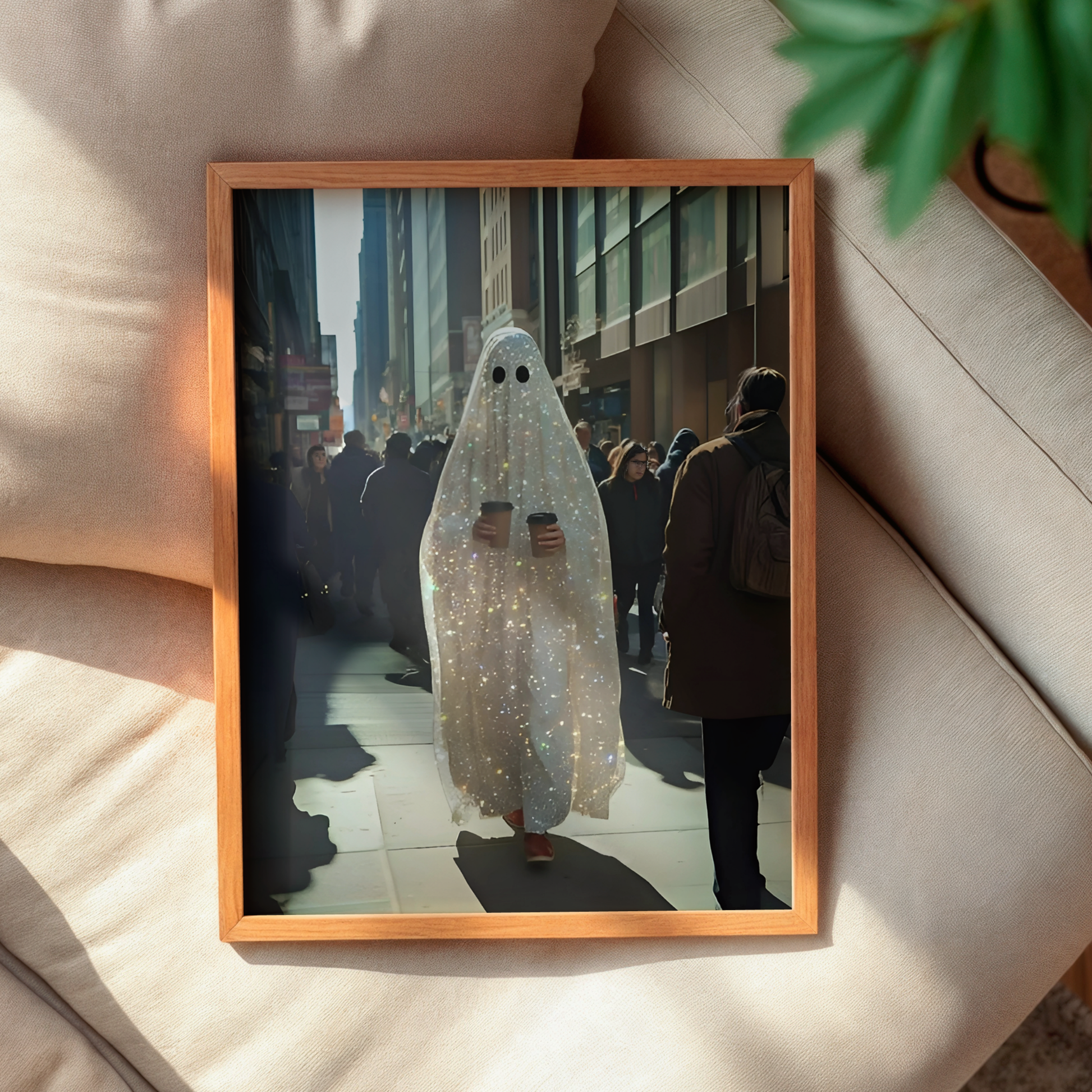 Vintage Glitter Ghost and Coffee Digital Print |  Spooky Halloween Fall Printable Photography Poster | Retro Wall Art for Grunge Room Decor