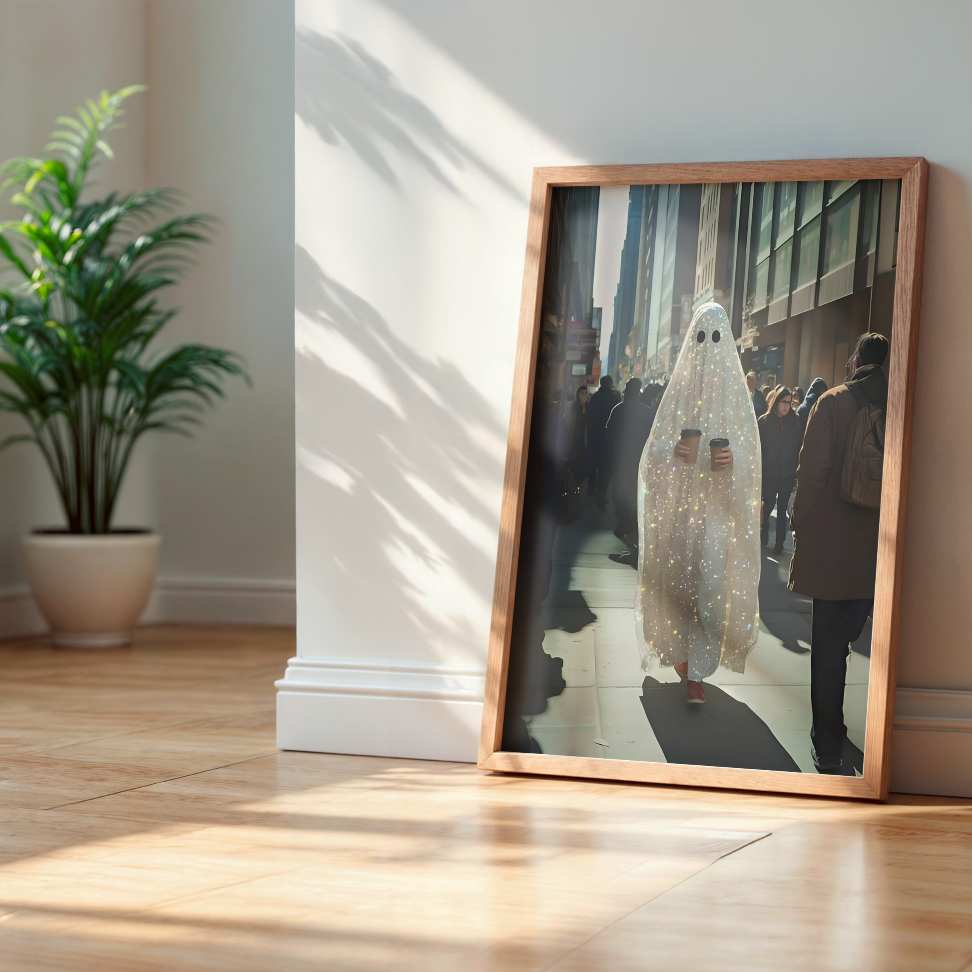 Vintage Glitter Ghost and Coffee Digital Print |  Spooky Halloween Fall Printable Photography Poster | Retro Wall Art for Grunge Room Decor