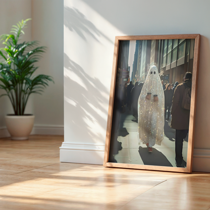 Vintage Glitter Ghost and Coffee Digital Print |  Spooky Halloween Fall Printable Photography Poster | Retro Wall Art for Grunge Room Decor
