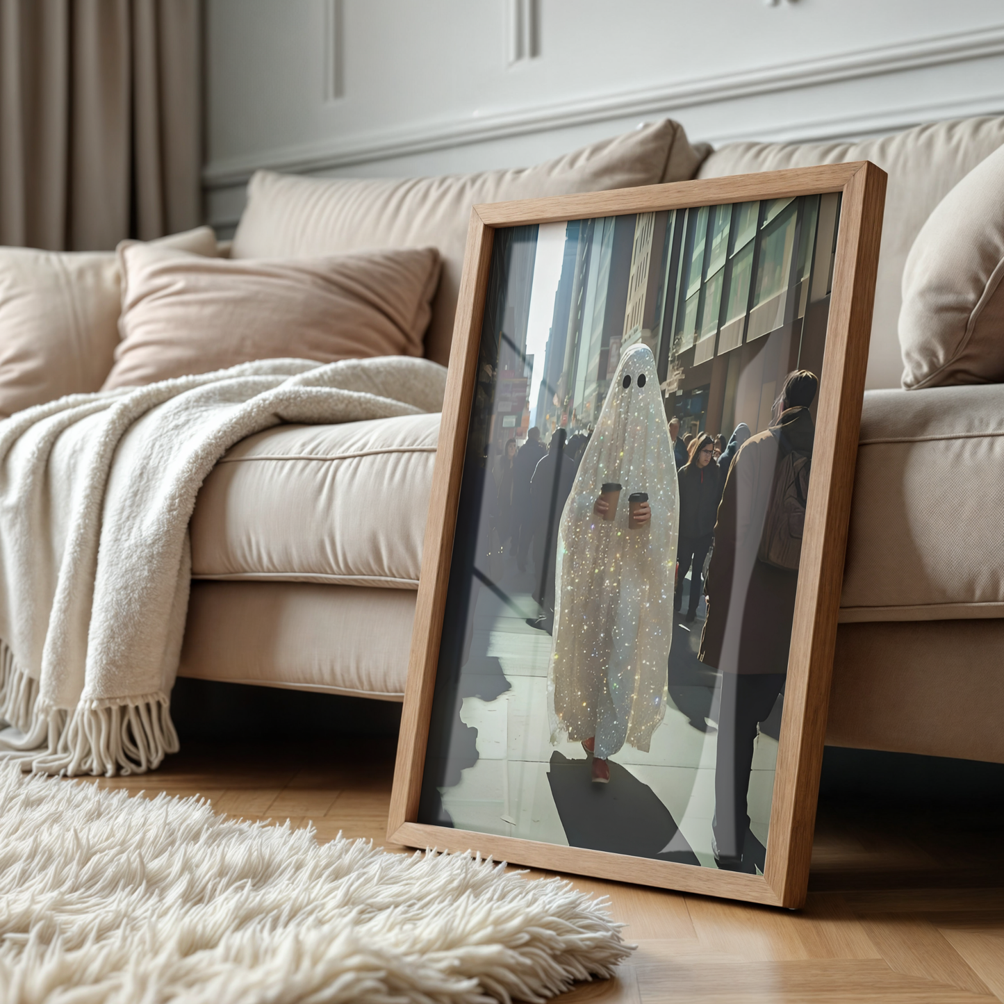 Vintage Glitter Ghost and Coffee Digital Print |  Spooky Halloween Fall Printable Photography Poster | Retro Wall Art for Grunge Room Decor