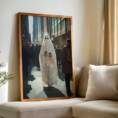 Vintage Glitter Ghost and Coffee Digital Print |  Spooky Halloween Fall Printable Photography Poster | Retro Wall Art for Grunge Room Decor