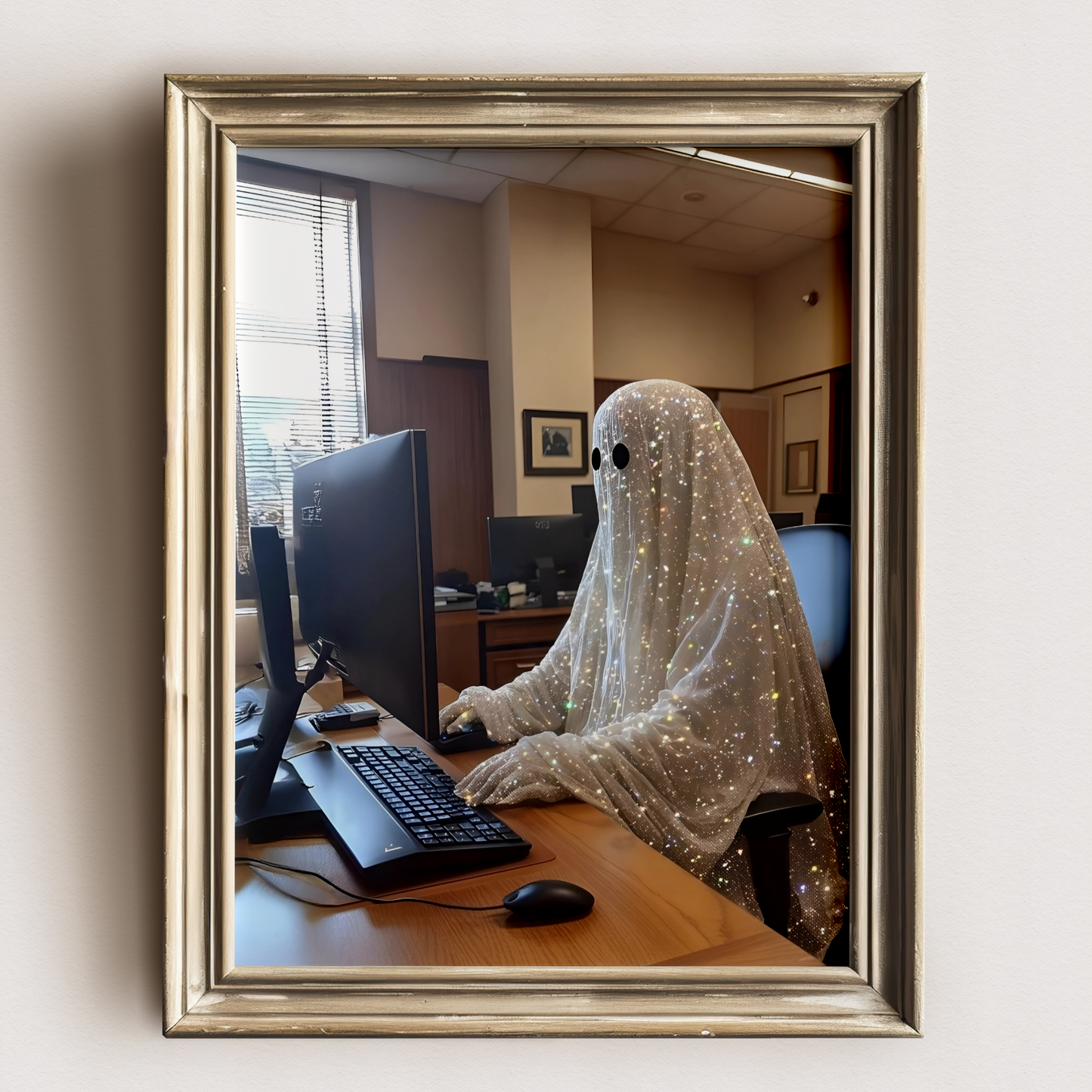 Vintage Glitter Working Ghost Digital Print |  Spooky Halloween Fall Printable Photography Poster | Retro Wall Art for Home Office Decor