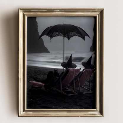 Vintage Halloween Witches and Black Cat in Beach Digital Prints | Black and White Spooky Summerween Printable Photography Wall Art Decor