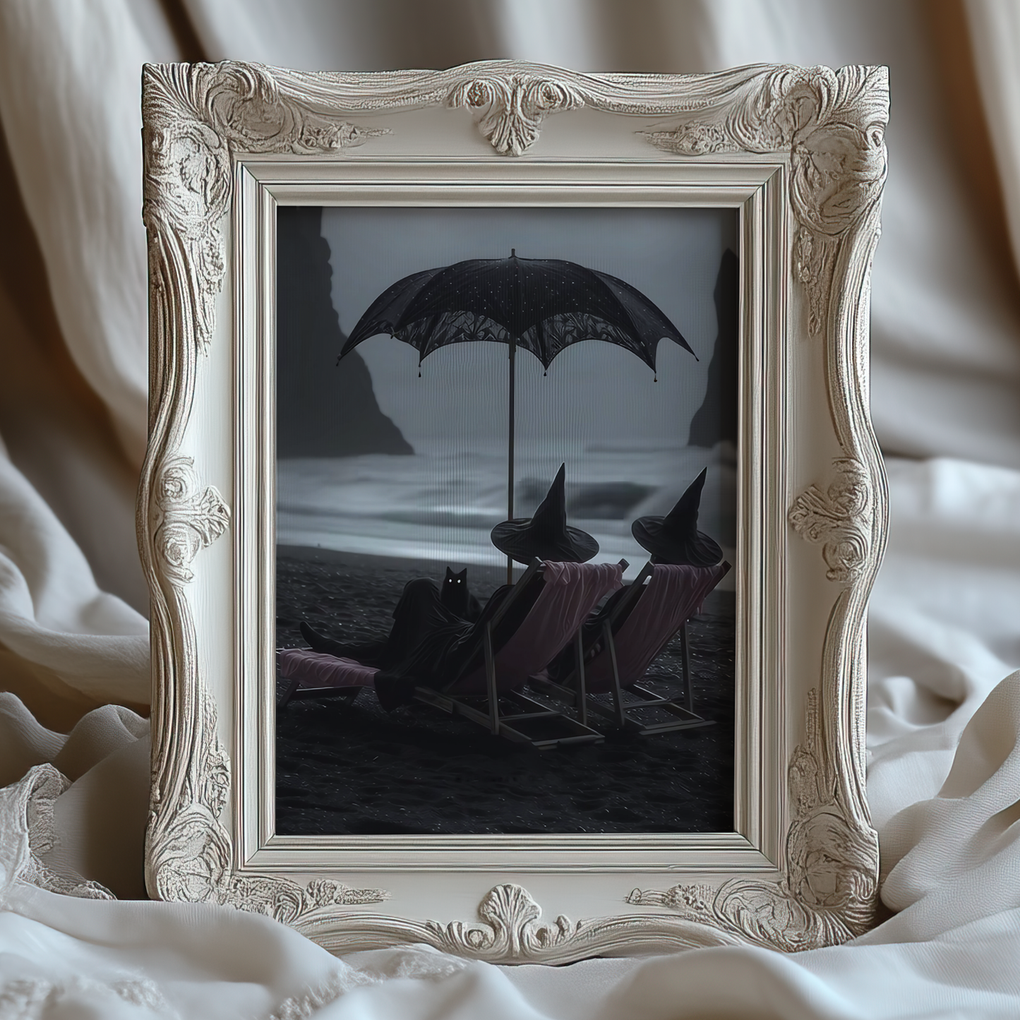 Vintage Halloween Witches and Black Cat in Beach Digital Prints | Black and White Spooky Summerween Printable Photography Wall Art Decor