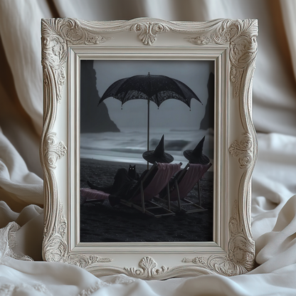 Vintage Halloween Witches and Black Cat in Beach Digital Prints | Black and White Spooky Summerween Printable Photography Wall Art Decor
