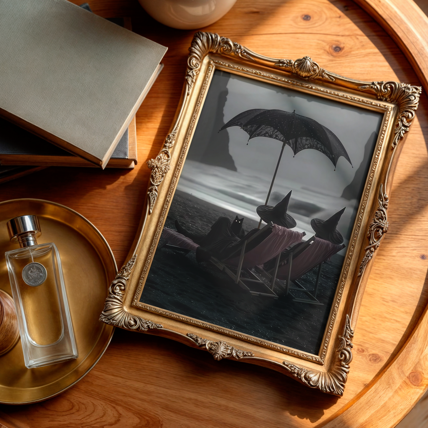 Vintage Halloween Witches and Black Cat in Beach Digital Prints | Black and White Spooky Summerween Printable Photography Wall Art Decor