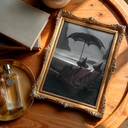 Vintage Halloween Witches and Black Cat in Beach Digital Prints | Black and White Spooky Summerween Printable Photography Wall Art Decor