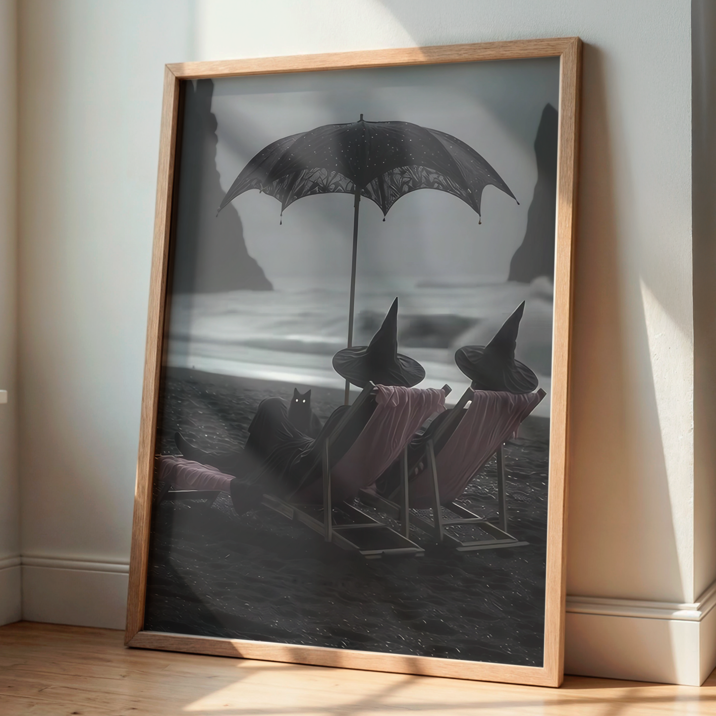 Vintage Halloween Witches and Black Cat in Beach Digital Prints | Black and White Spooky Summerween Printable Photography Wall Art Decor