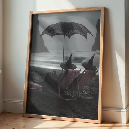 Vintage Halloween Witches and Black Cat in Beach Digital Prints | Black and White Spooky Summerween Printable Photography Wall Art Decor