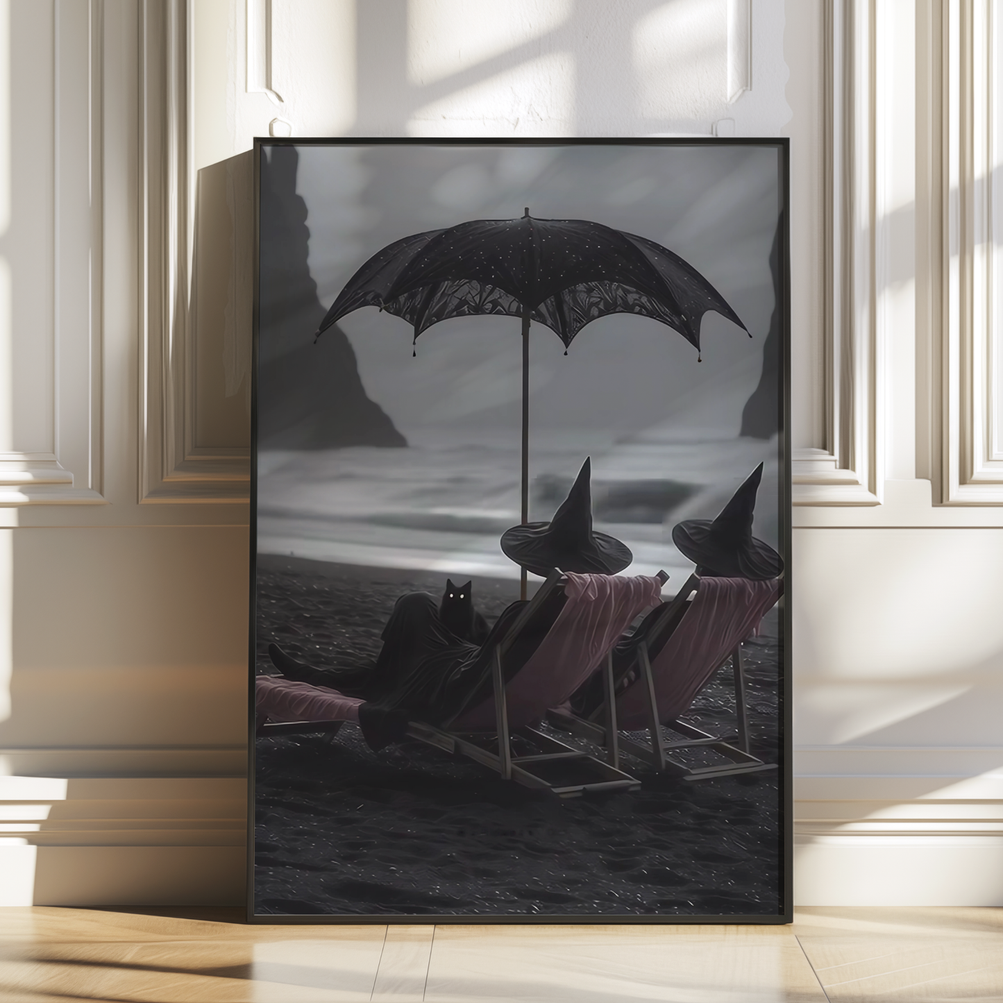 Vintage Halloween Witches and Black Cat in Beach Digital Prints | Black and White Spooky Summerween Printable Photography Wall Art Decor