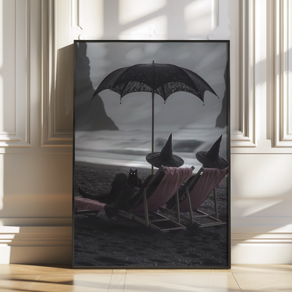 Vintage Halloween Witches and Black Cat in Beach Digital Prints | Black and White Spooky Summerween Printable Photography Wall Art Decor