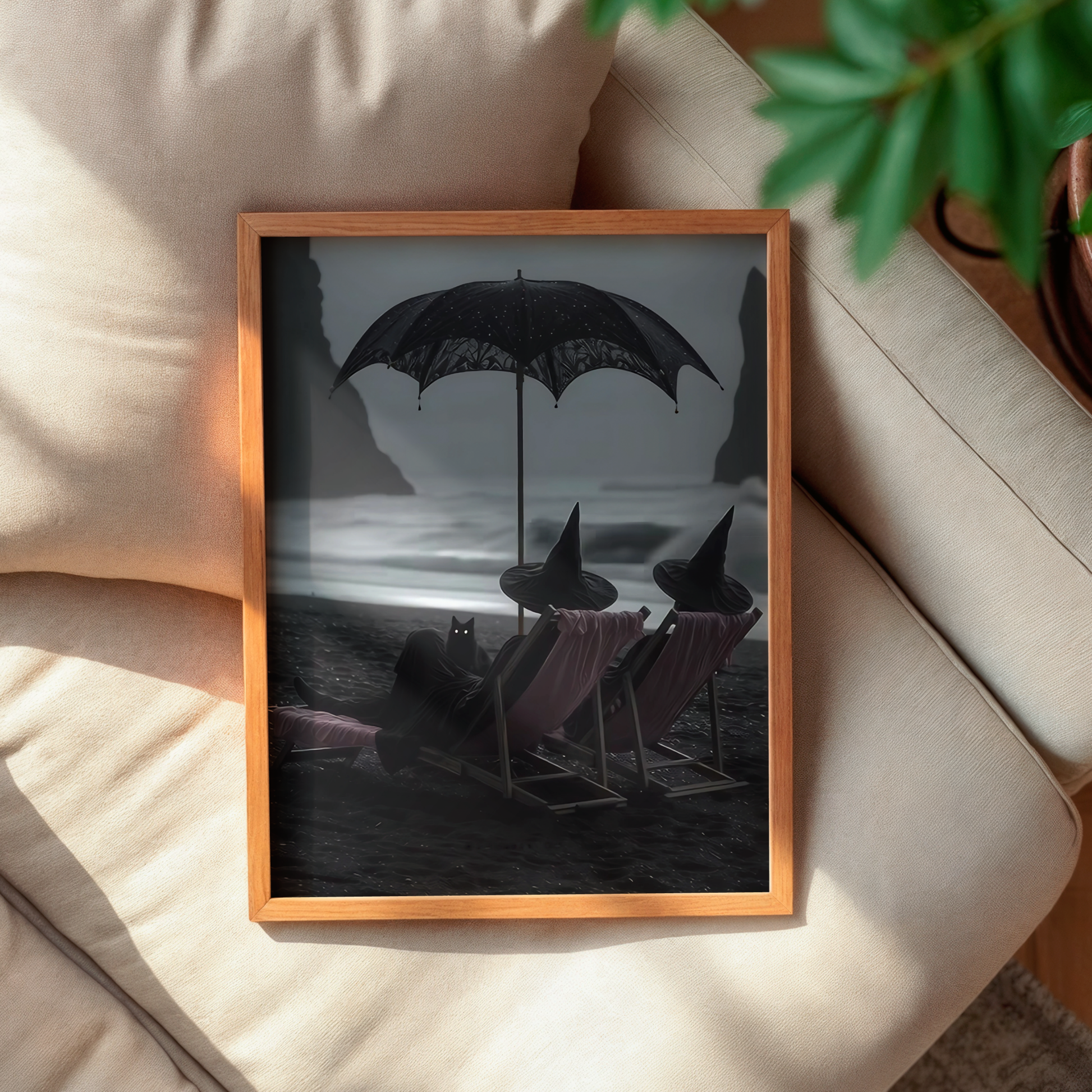 Vintage Halloween Witches and Black Cat in Beach Digital Prints | Black and White Spooky Summerween Printable Photography Wall Art Decor