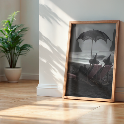 Vintage Halloween Witches and Black Cat in Beach Digital Prints | Black and White Spooky Summerween Printable Photography Wall Art Decor