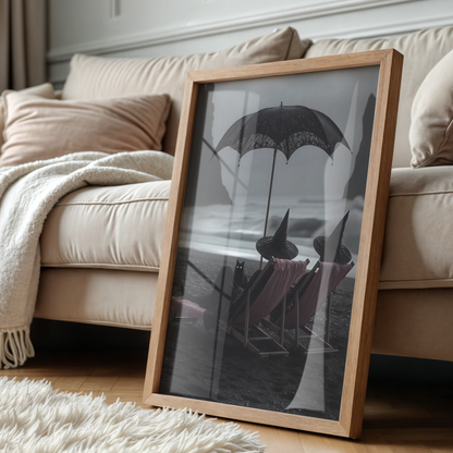 Vintage Halloween Witches and Black Cat in Beach Digital Prints | Black and White Spooky Summerween Printable Photography Wall Art Decor