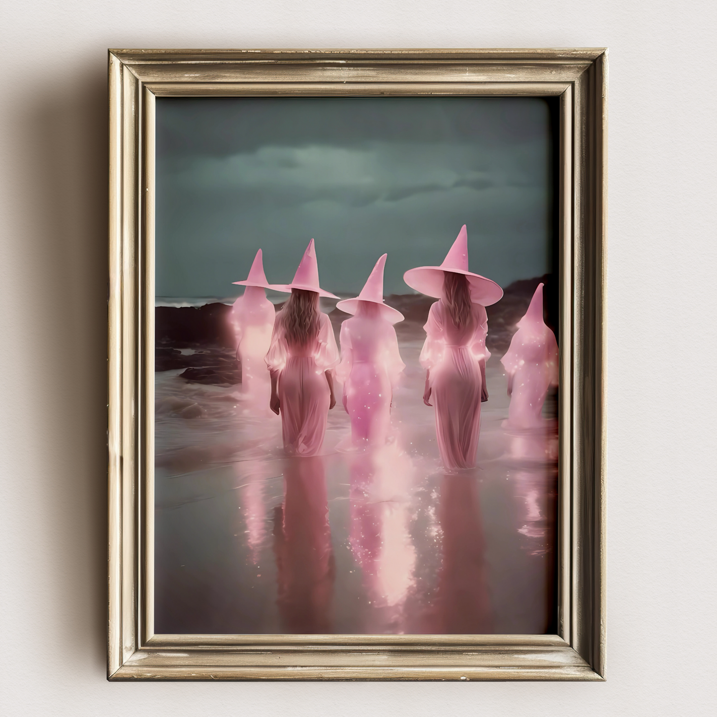Vintage Light Pink Witches in a Lake Digital Prints | Spooky Printable Photography Poster for Halloween Decor