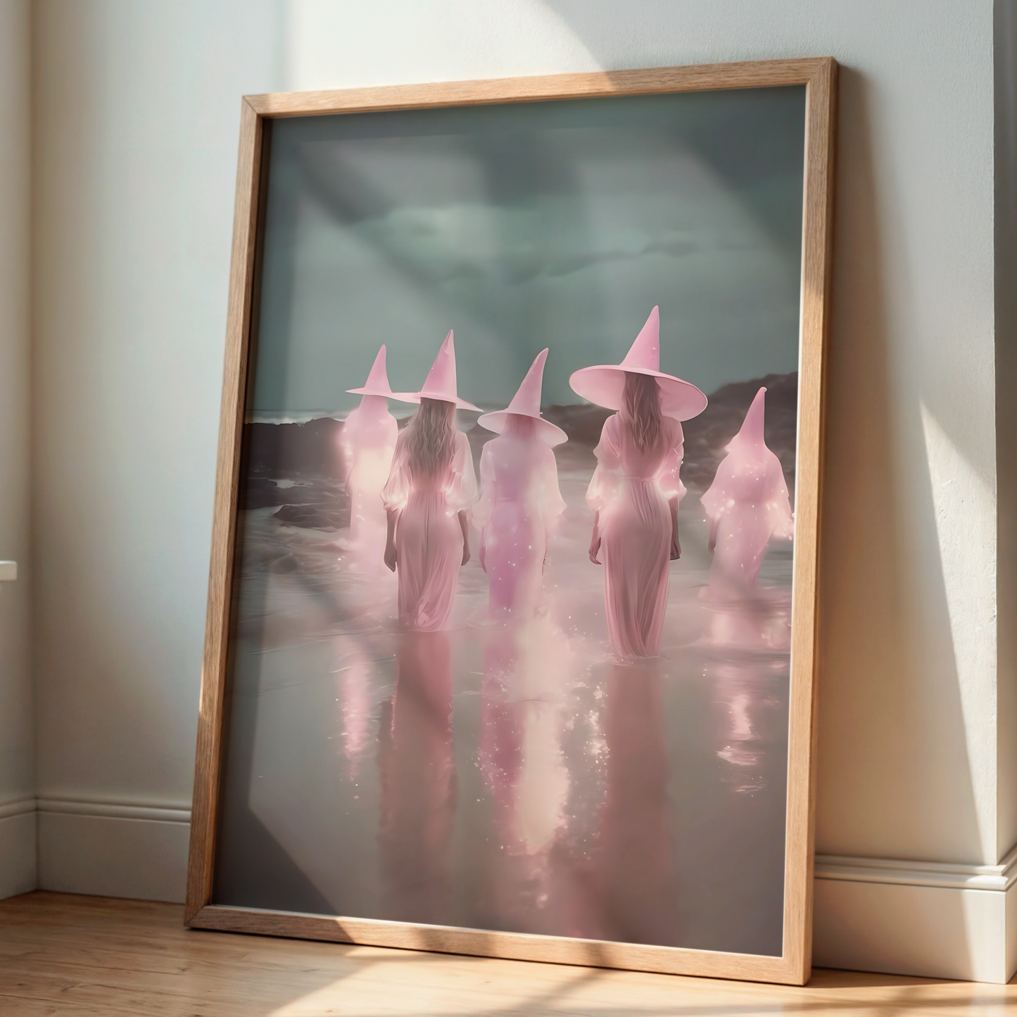 Vintage Light Pink Witches in a Lake Digital Prints | Spooky Printable Photography Poster for Halloween Decor