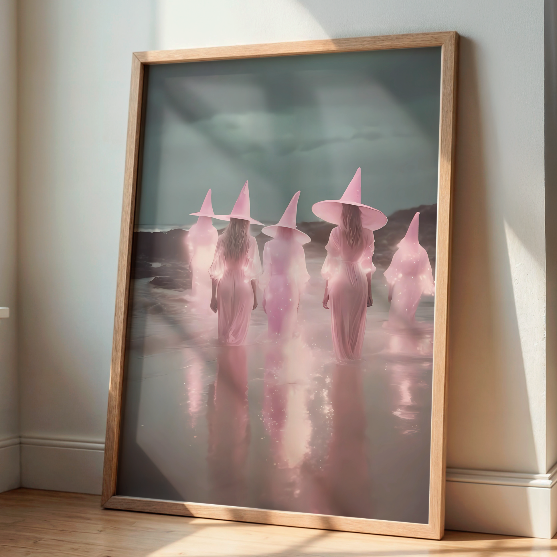 Vintage Light Pink Witches in a Lake Digital Prints | Spooky Printable Photography Poster for Halloween Decor