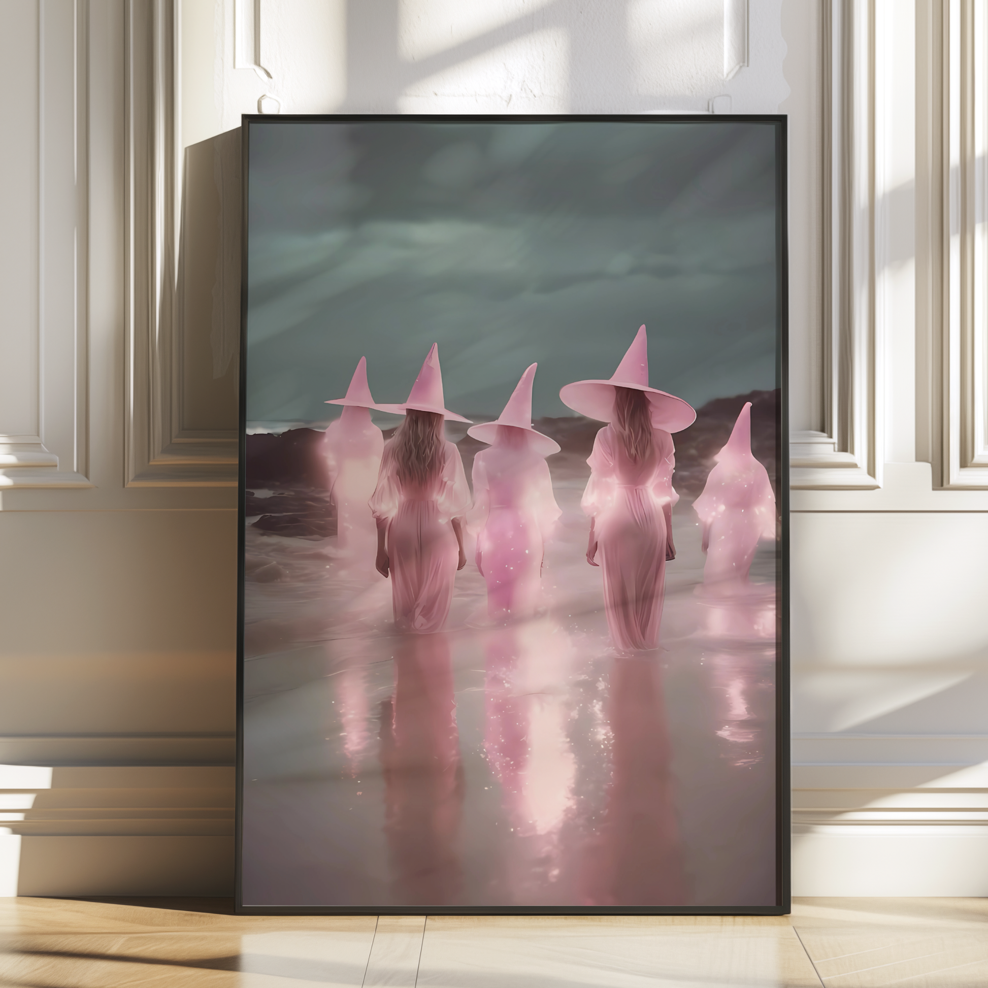 Vintage Light Pink Witches in a Lake Digital Prints | Spooky Printable Photography Poster for Halloween Decor