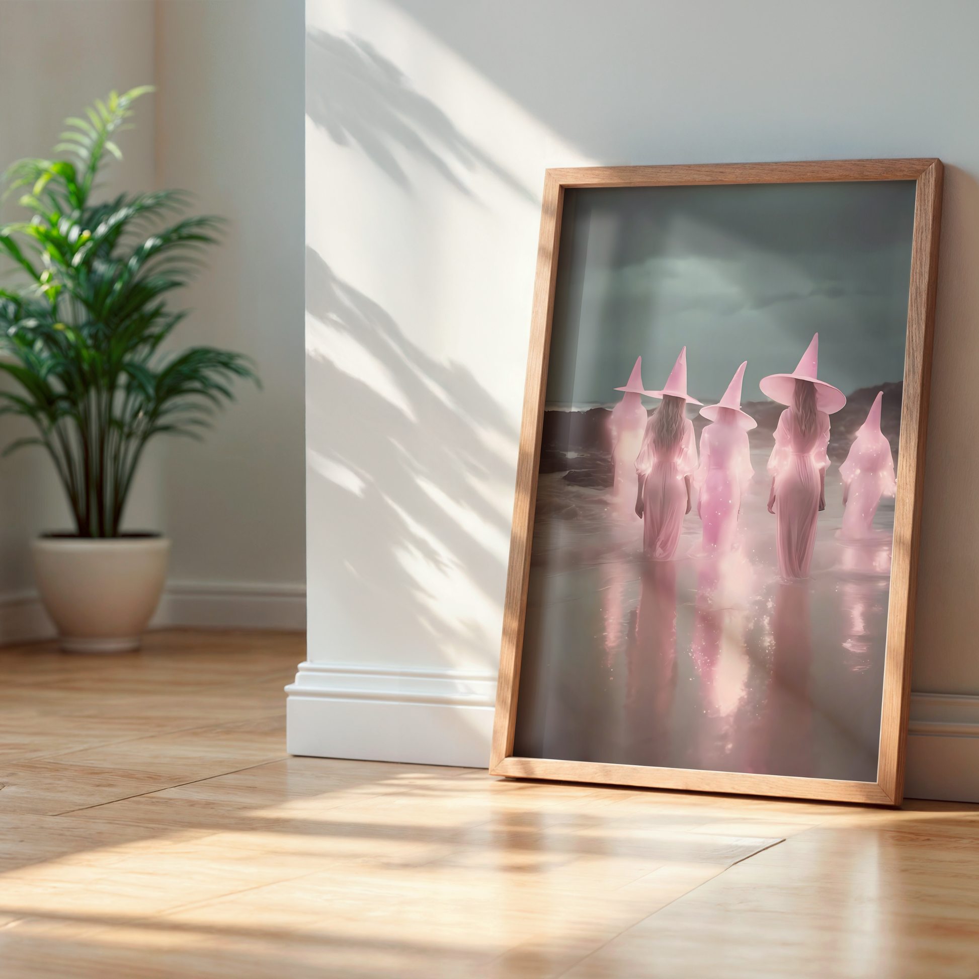 Vintage Light Pink Witches in a Lake Digital Prints | Spooky Printable Photography Poster for Halloween Decor