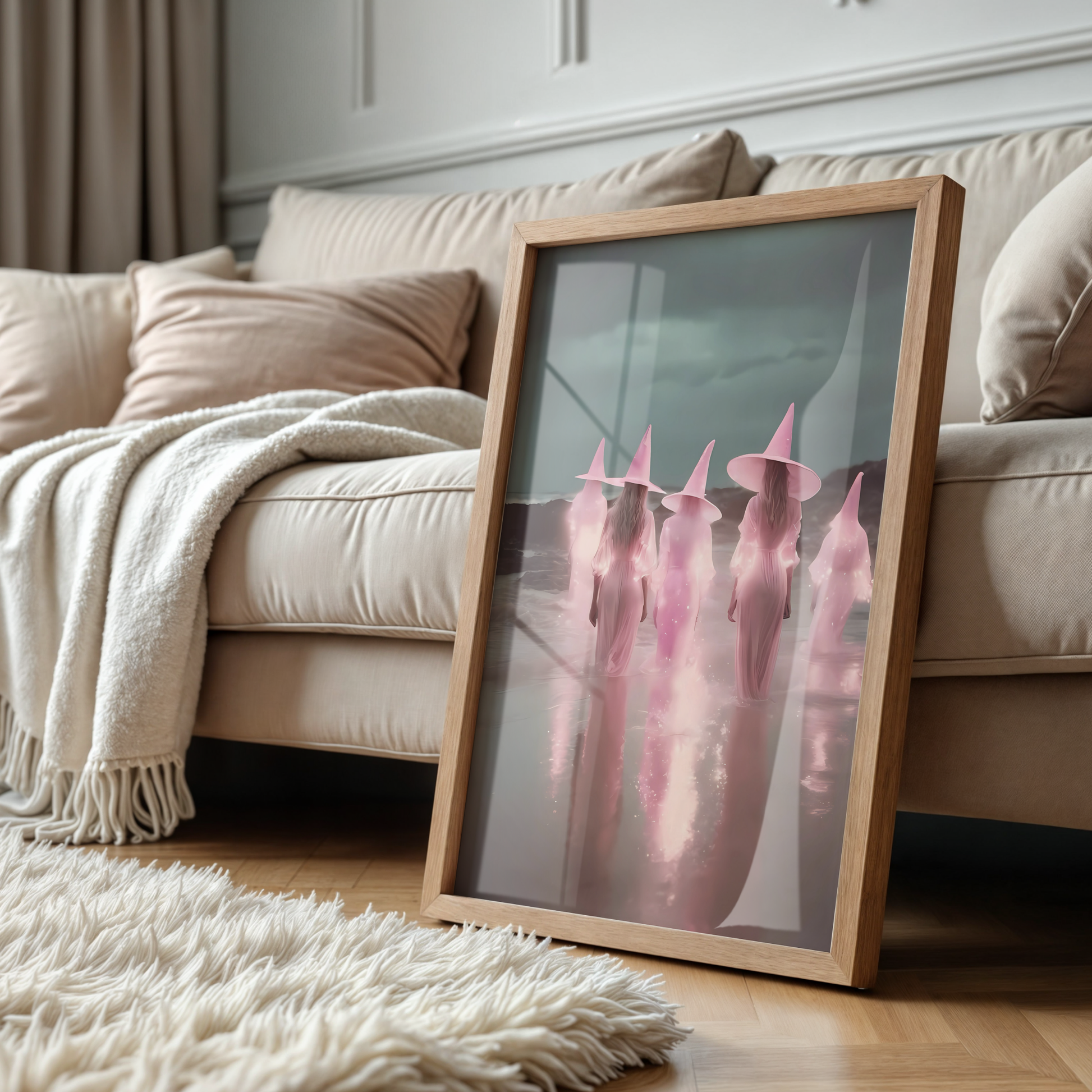 Vintage Light Pink Witches in a Lake Digital Prints | Spooky Printable Photography Poster for Halloween Decor