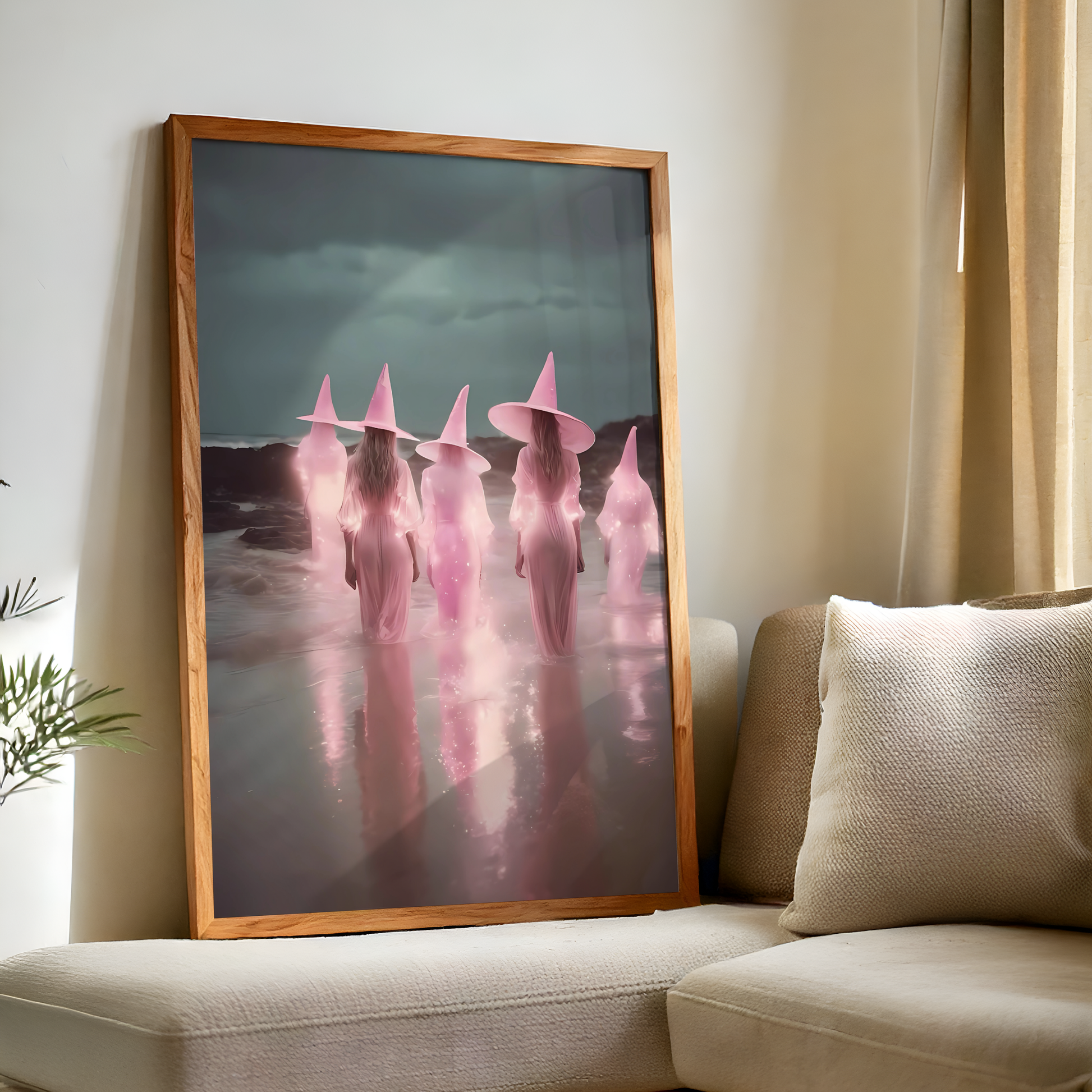 Vintage Light Pink Witches in a Lake Digital Prints | Spooky Printable Photography Poster for Halloween Decor