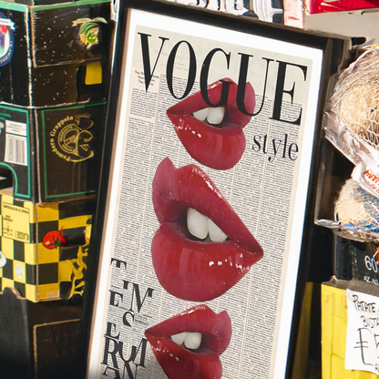 Vogue Inspired Wall Art | Girly Retro Red Lips Kiss Poster Print