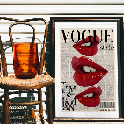 Vogue Inspired Wall Art | Girly Retro Red Lips Kiss Poster Print