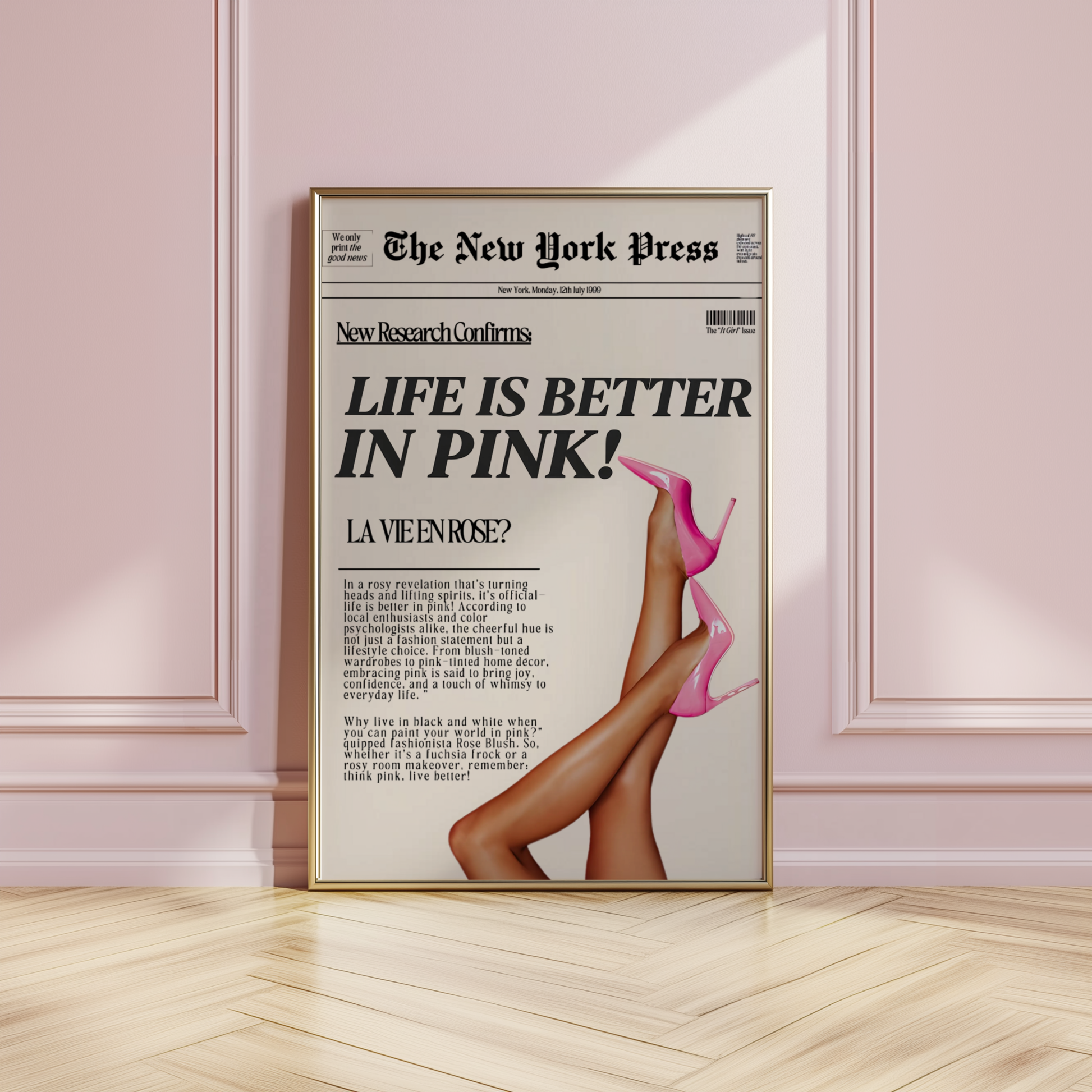 retro newspaper life is better in pink wall art poster prints