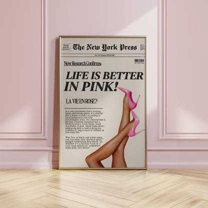 retro newspaper life is better in pink wall art poster prints