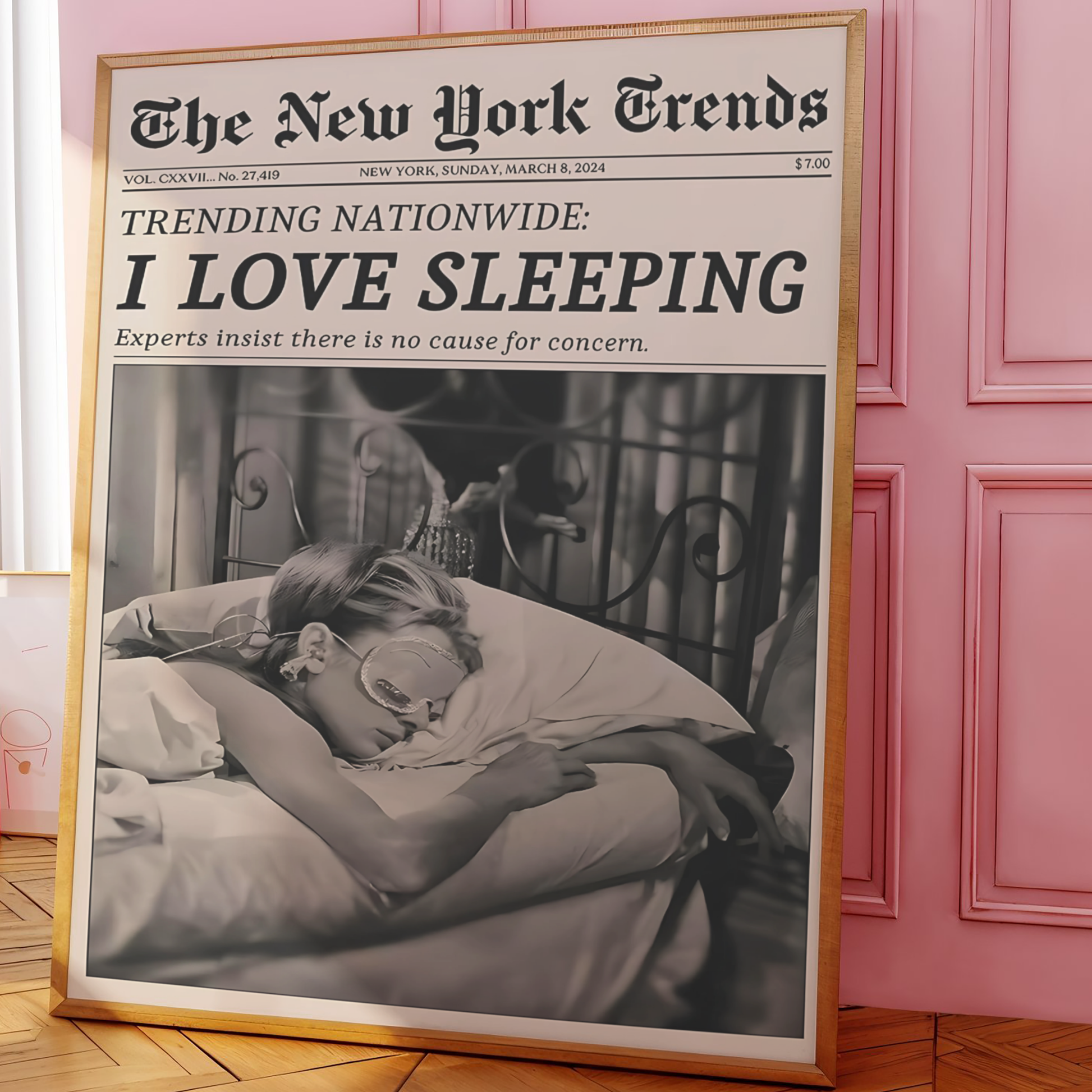 vintage newspaper audrey hepburn i love sleeping wall art poster print